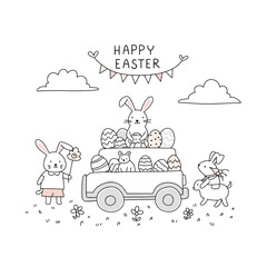Cute bunnies celebrating Easter with eggs in a festive truck  