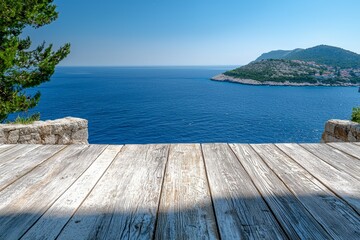 Obraz premium A wooden deck overlooking a large body of water