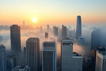 Fototapeta premium A city skyline with foggy weather and a sun setting in the background