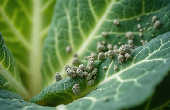 Close-up view of white cabbage leaf infested with whiteflies. Insect pest Aleyrodoidea eating plant. Leaf covered with insects. Agricultural farming, crop pest control issue, plant care concept.