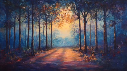 Fototapeta premium Captivating forest edge illuminated soft evening light where graceful silhouettes of trees and gentle shadows create an intimate dynamic vista