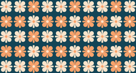 Retro Floral Pattern with Orange and Cream Flowers on Teal Background
