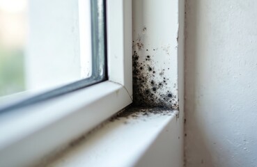 Close-up photo of mold on windowsill and wall corner. Black mold infestation on white window frame. Wet, damp conditions cause fungal growth, poor ventilation creates home health hazard.