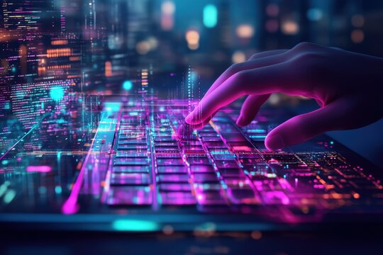 Digital interaction with a keyboard in a vibrant and futuristic environment at night