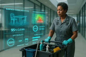 African female janitor utilizing augmented reality technology for cleaning in modern office