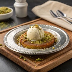 Decadent Vanilla Ice Cream Pastry with Crushed Pistachio Garnish on Silver Plate