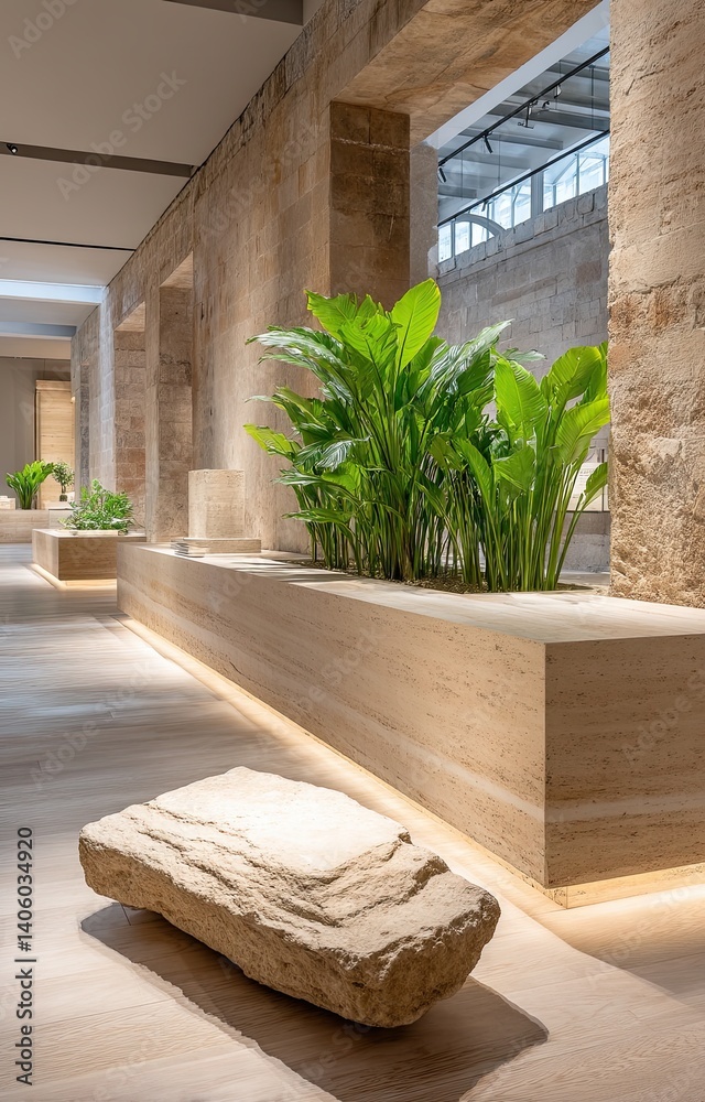 Poster minimalist product display podium with natural stone and wood elements in an elegant setting
