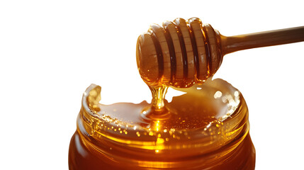 Golden Honey Drizzled from a Dipper into a Jar Sweet and Sticky Treat Healthy Food Ingredient