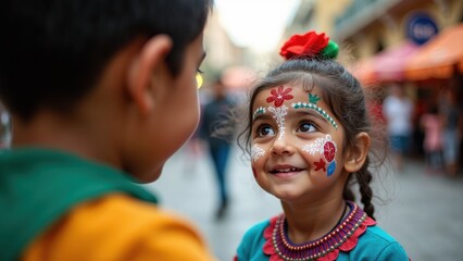 A child with traditional Mexican face paint gazes at a street performer, eyes wide with amazement while surrounded by festive decor, capturing joy and curiosity.