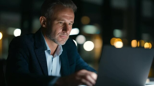 Cybersecurity expert working late in a dimly lit office, focused on laptop.