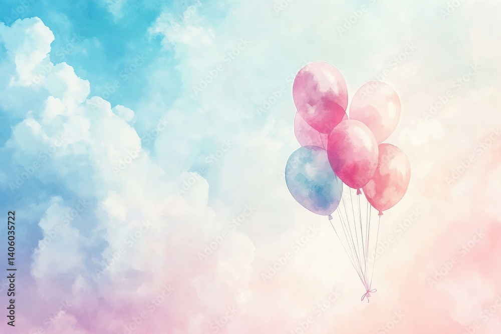 Poster watercolor bunnies floating with balloons in a soft and dreamy cloudy sky during a whimsical afterno