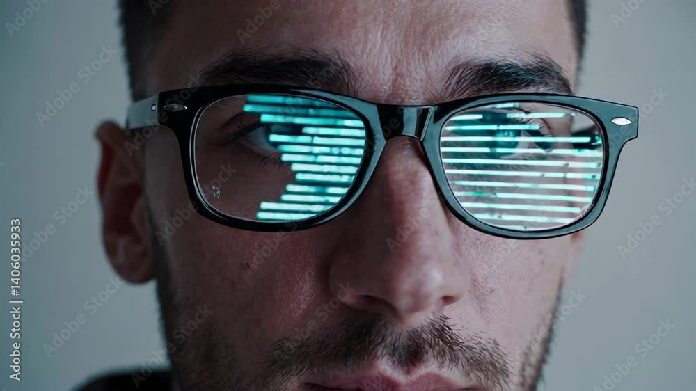 Aufkleber Augmented reality glasses reflect scrolling lines of code as a software developer analyzes and reviews the program, highlighting the integration of technology and programming expertise