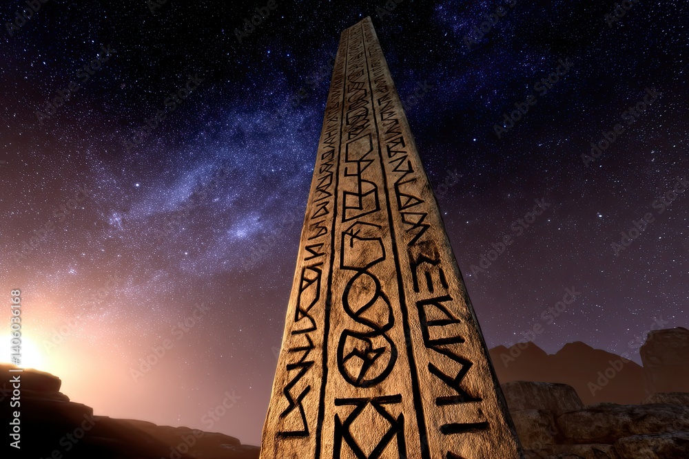Poster mysterious ancient monolith with universal symbols glowing in the vastness of space