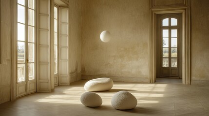 Pale, sculpted forms grace a sunlit antique room.