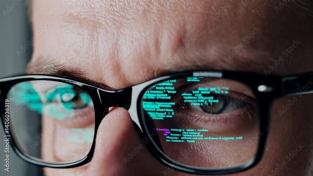 Fototapete Programmer wearing glasses reflecting brightly illuminated code lines, showcasing deep technological concentration and innovative problem solving during software development