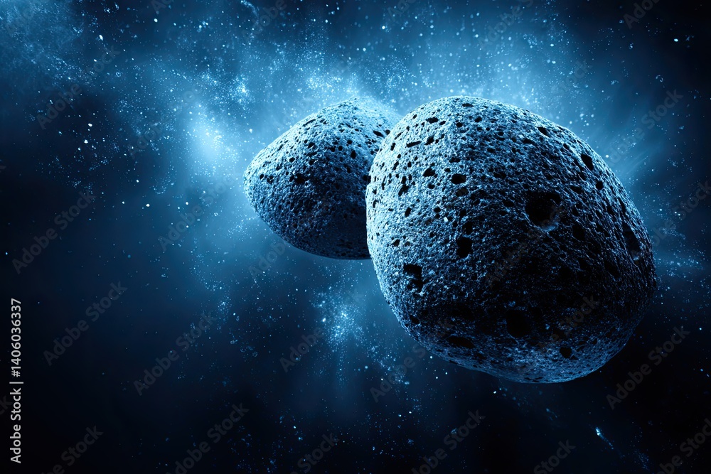 Poster floating stones connected by astral energy in the vastness of space with surrounding galaxies