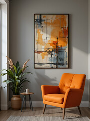 Front vier of living interior with orange armchair and abstract frame on wall