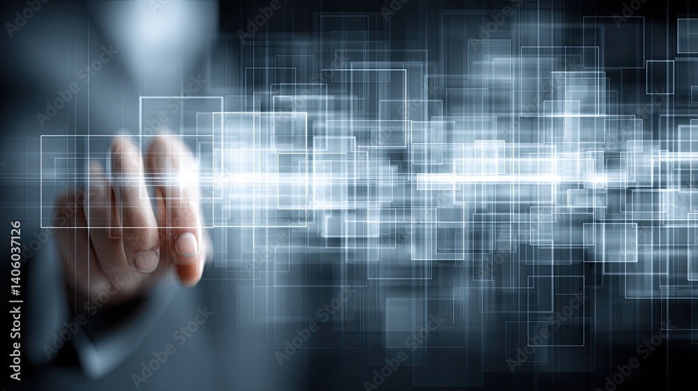 Poster businessman engages with futuristic technology using virtual buttons in a digital landscape