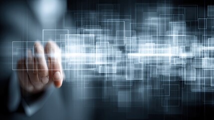 Businessman engages with futuristic technology using virtual buttons in a digital landscape