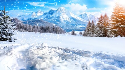 Obraz premium Snowy mountain landscape with sunlit peaks and pine trees in winter wonderland