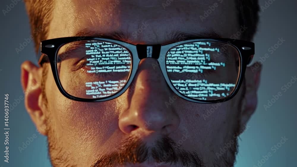 Leinwandbilder Programmer wearing eyeglasses reflecting illuminated lines of code while working intently during late night software development session, representing deep focus and technological expertise