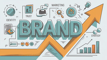 Stylized illustration of the word "BRAND" with an upward trending arrow, incorporating marketing, strategy, trust and identity elements, showcasing brand growth and success