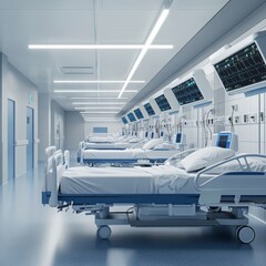 image of a modern ICU featuring modular patient beds advanced monitoring systems and a minimalist design isolated on a plain background 