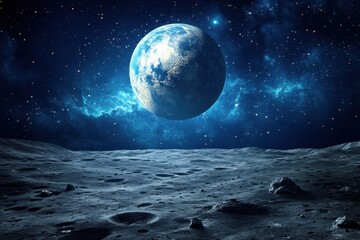 View of Earth rising over a lunar landscape under a starry sky at night
