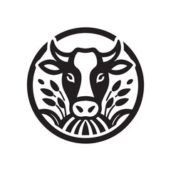 Cow Head Logo with Farm Elements in Circular Design Black and White Vector Illustration.