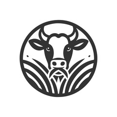 Cow Head Logo with Farm Elements in Circular Design Black and White Vector Illustration.