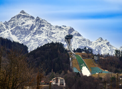 Innsbruck Ski Jump Bergisel with Serles Mountain in the background.