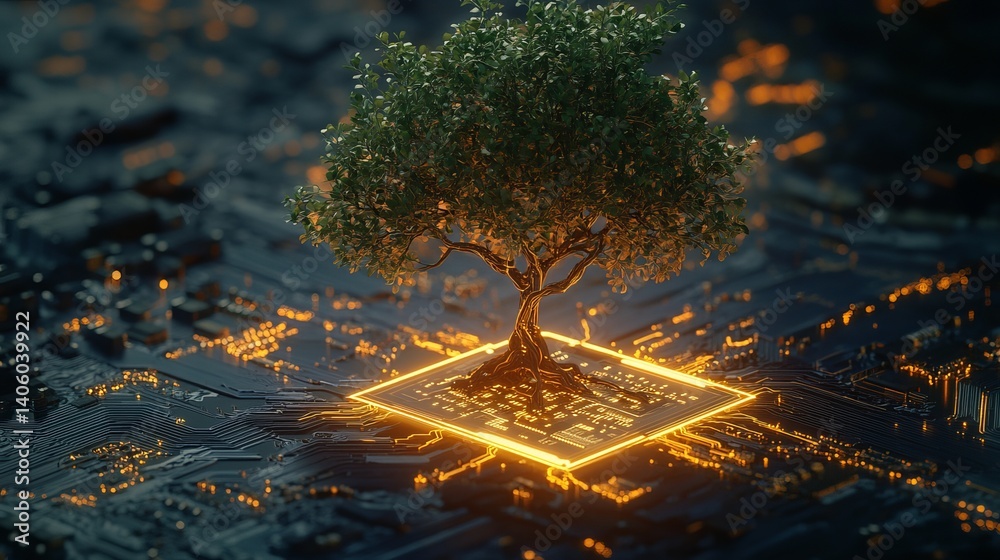 Poster a tree growing from a glowing circuit board on a dark background with circuit patterns all around