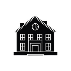 School Building icon vector design templates and A simple black and white silhouette of a school building with a clock tower