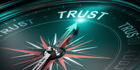 Close-up of compass needle pointing to "TRUST", symbolizing guidance, reliability, and direction in decision-making, ideal for business or motivational concepts