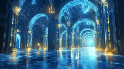 Enchanted hall illuminated by ethereal magic light in a fantasy interior