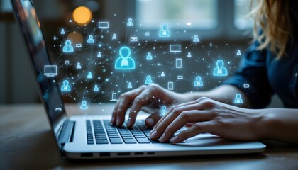 Woman's Hands Typing on Laptop with Digital Network Graphics Display