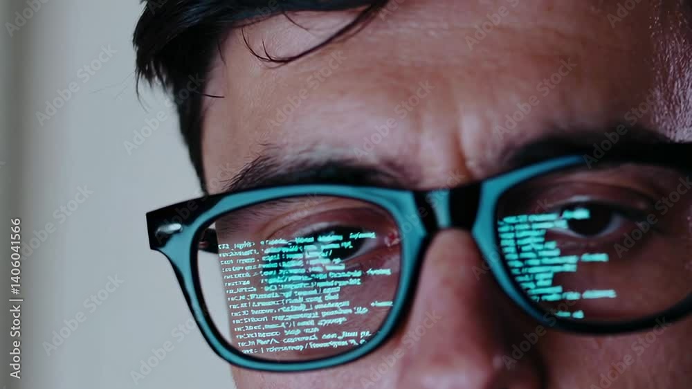 Poster Close up portrait of a focused programmer with glasses reflecting scrolling lines of code, showcasing the integration of technology and human interaction in software development