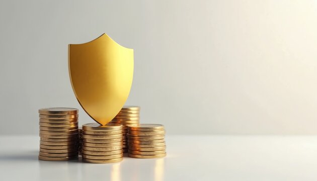 Golden shield on coin stacks. Financial protection. Concept for security strategy planning, insurance, saving investments, secure wealth growth, banking. Safeguard assets, protect money. Secure