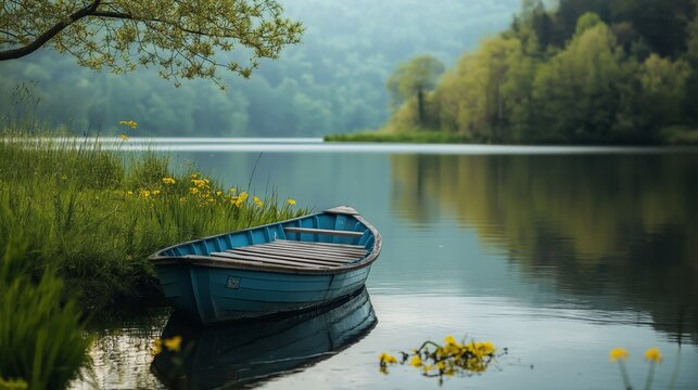 Verlassenes Ruderboot liegt still am ruhigen Ufer eines klaren Sees