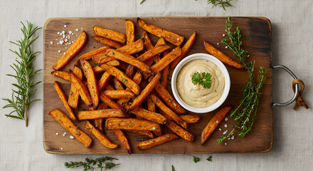 Delicious sweet potato fries with vegan aioli dipping sauce flat lay