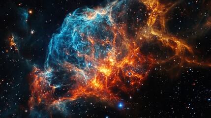 A cosmic display of nebula with orange and blue hues against a backdrop of distant stars light years away