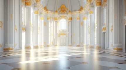 Fototapeta premium Elegant white palace grand hall with golden accents and large windows