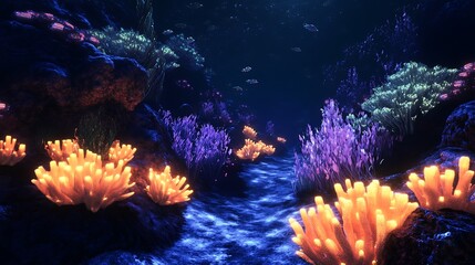Coral ecosystem with luminous bioluminescent formations arranged symmetrically