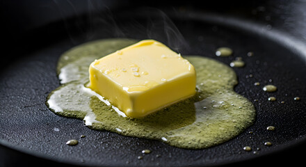 Butter melting in a hot skillet, close up view
