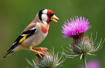 European goldfinch sits thistle flower, eats seeds. Bird has red face, black wings, white patches. Wild songbird, beautiful, vibrant colors in nature. Ornithology, wildlife concept.
