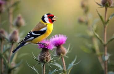 Fototapeta premium European goldfinch perched on thistle flower sings. Vibrant bird with colorful plumage. Fauna, wildlife, nature. Goldfinch common small songbird, known for cheerful songs. Wild bird in natural eco