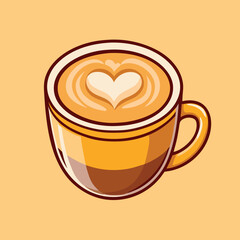 Coffee cup with heartshaped latte art inside, resting on surface, with handle visible