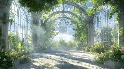 Obraz premium Lush greenery fills a sunlit conservatory with tropical plants and serene water features during a tranquil morning