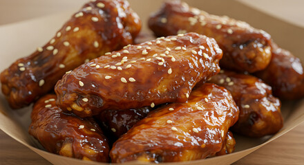 Delicious sesame glazed barbecue chicken wings close-up in paper tray