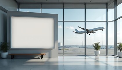 Blank airport billboard mockup, large rectangular white display. Airplane taking off at background. Empty advertising board, space for commercial marketing message, inside airport terminal with